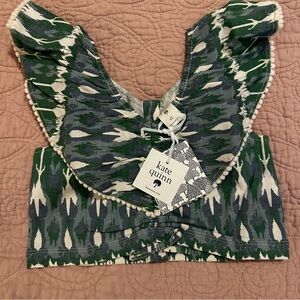 Kate Quinn Green and White Ruffled Cropped Blouse